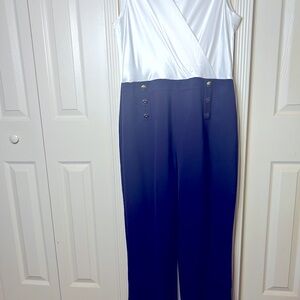 Tahari navy/white jumpsuit with gold buttons. Size 16. Wide leg/ short sleeve